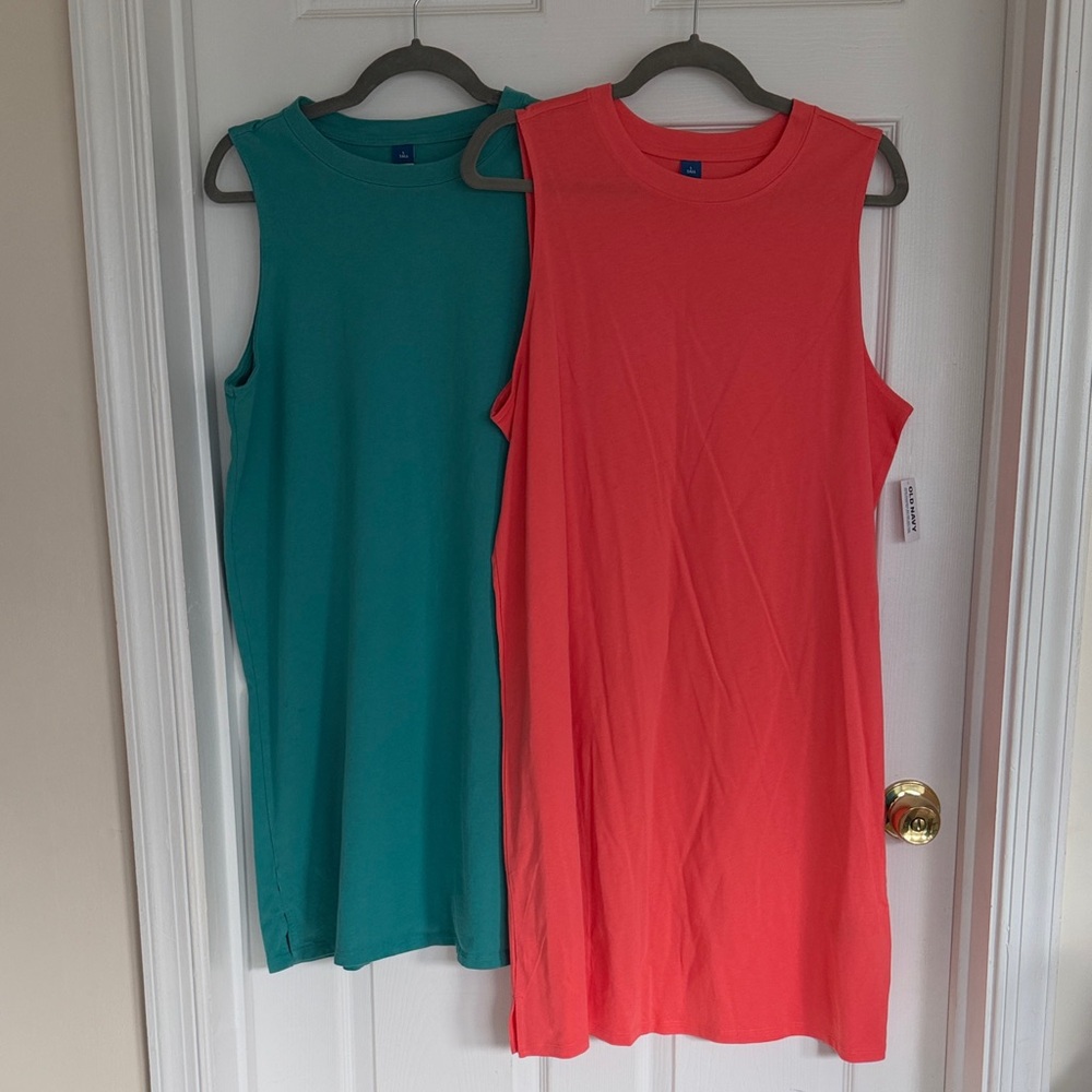 Sleeveless Shift Dress Tank Top - Coral and Teal